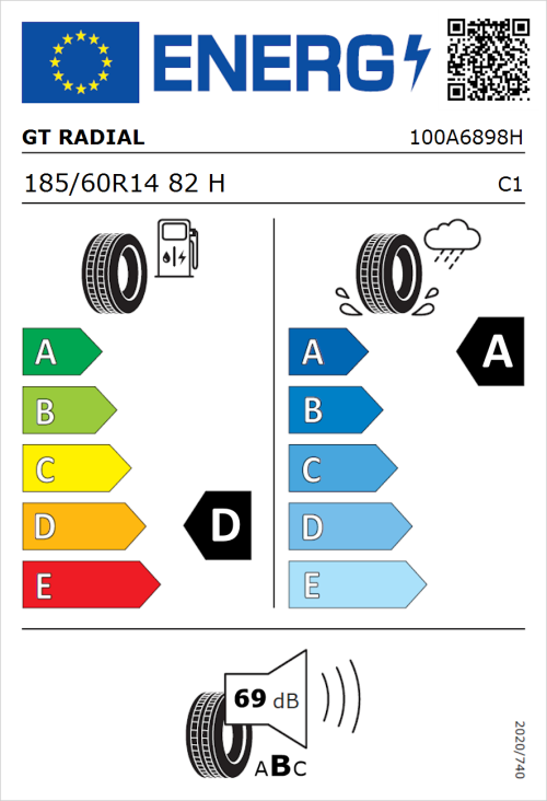 Tyre Label for GT Radial FE2 185/60R14 82H