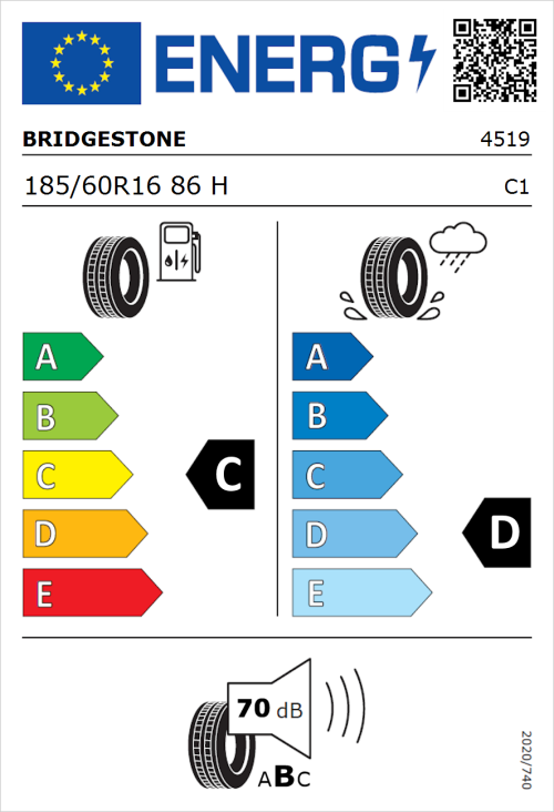 Tyre Label for Bridgestone Ecopia EP25 185/60R16 86H