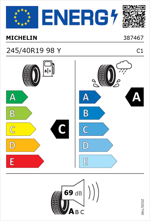 Tyre Label for Michelin Primacy 3 245/40R19 98Y